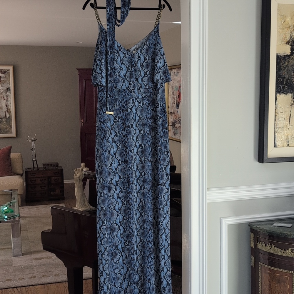Michael Kors Size Large Blue Snakeskin Print Maxi Dress.